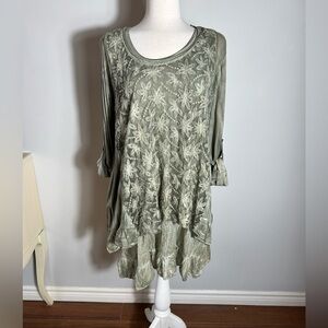 Baba 2pc Lagenlook Set - Sage Green Embroidered Artisan Tunic & Dress O/S